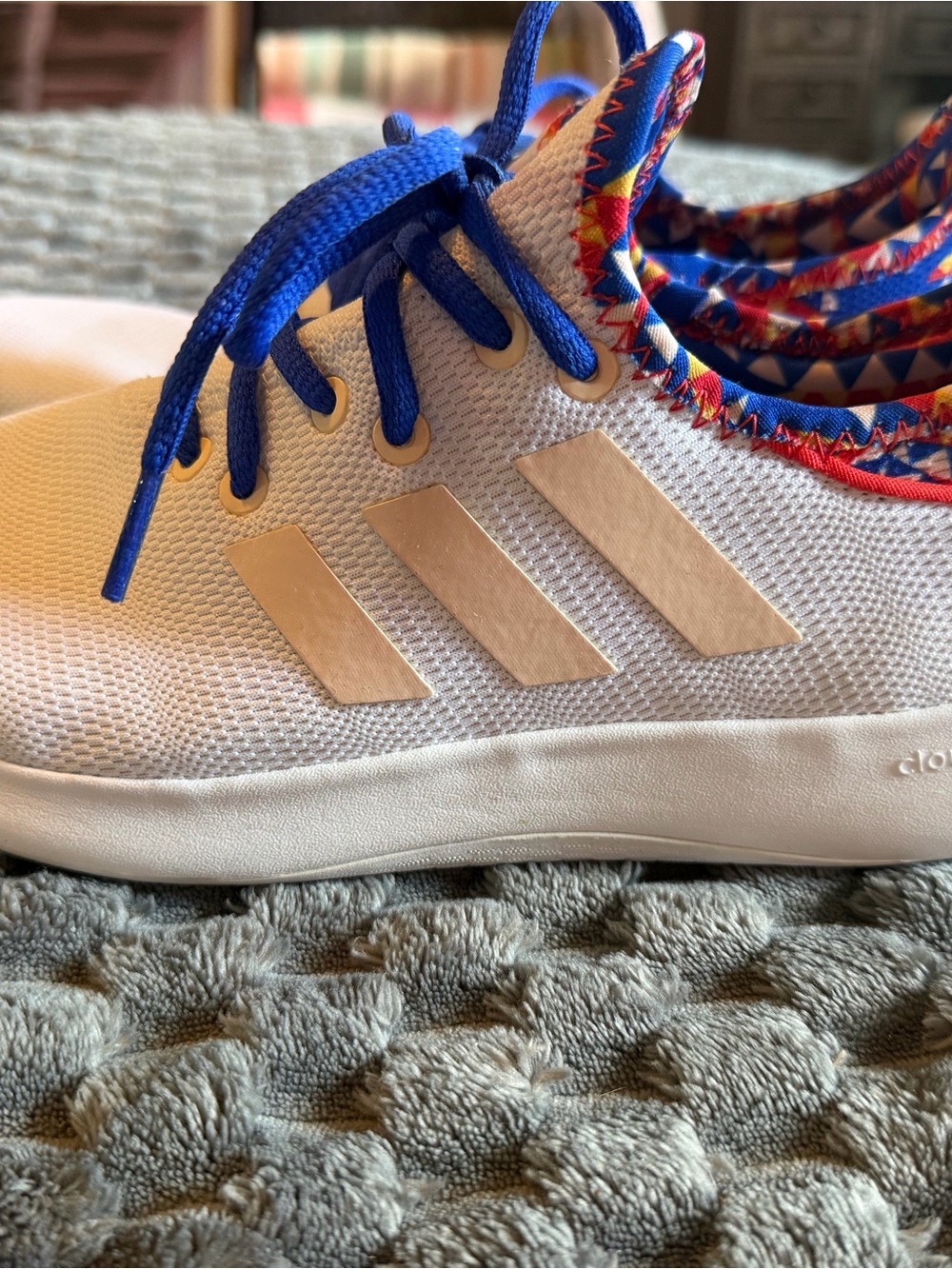 adidas women’s White Sneakers with Blue Laces and Multicolor Trim
